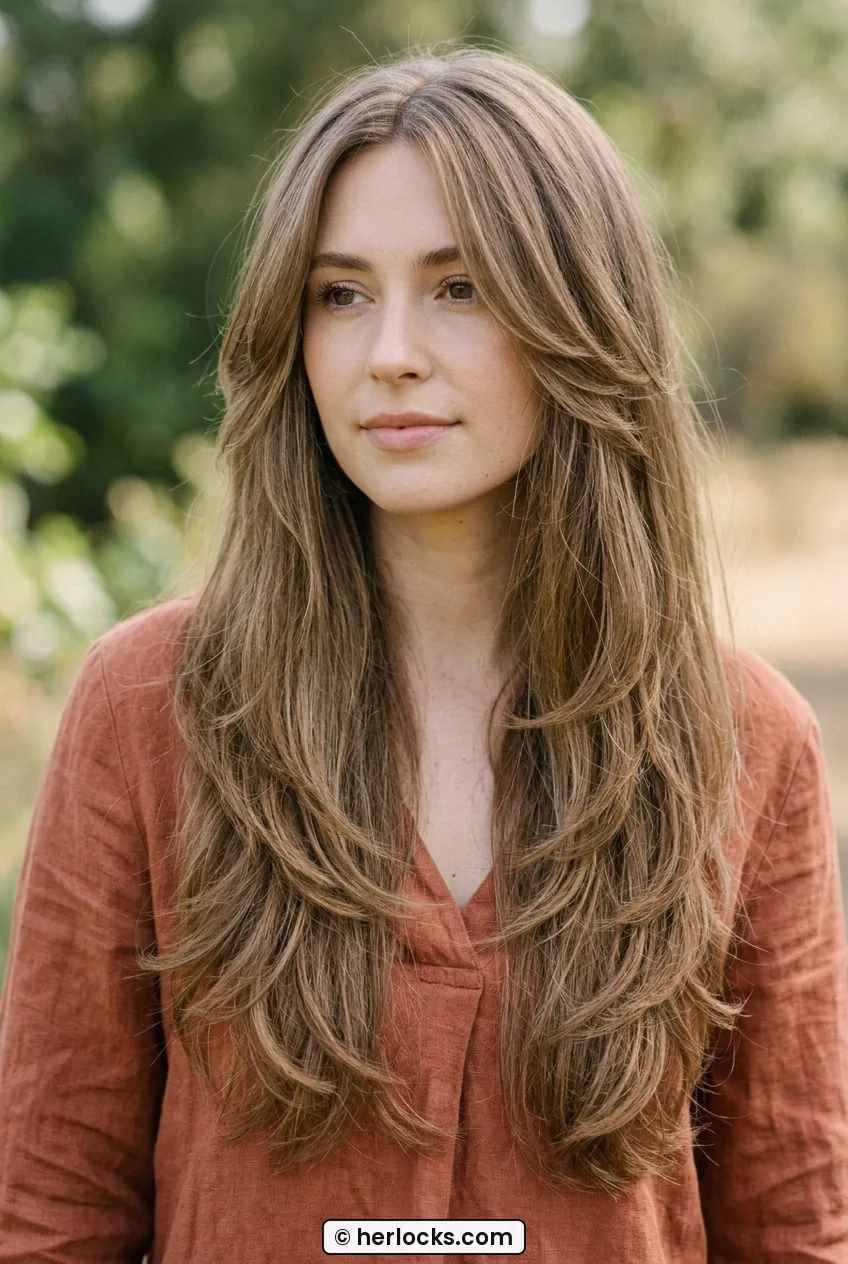Chest up view of woman with long light brown hair showing grown out face framing layers