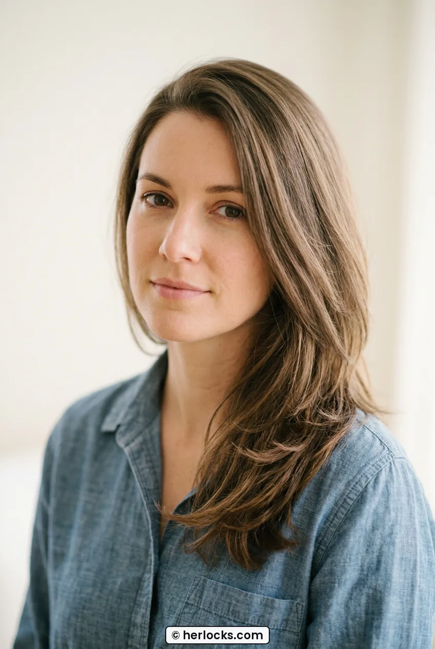 Woman with medium brown grown-out layers falling softly over one shoulder