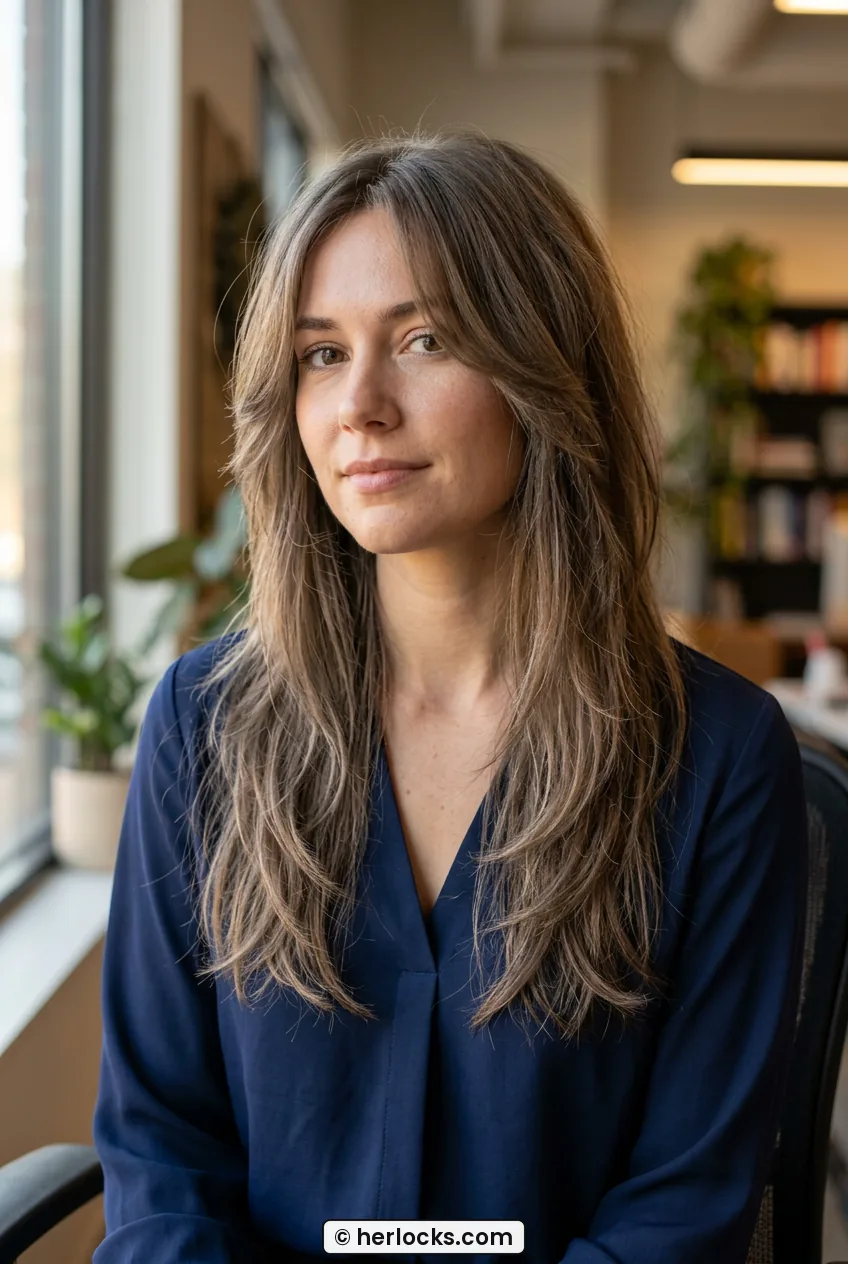 Woman with grown out ash brown long shag and soft face framing down to chest