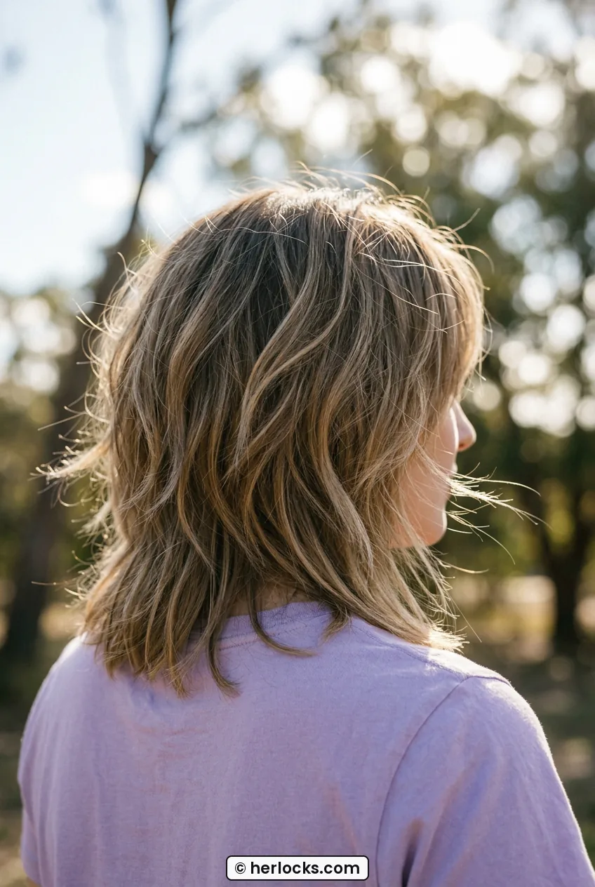 Over-shoulder view of woman showing grown-out shaggy bob blending toward collarbone length