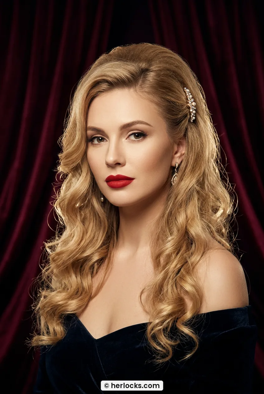 Woman with long curled hair half pulled back with small jeweled clip and soft crown volume