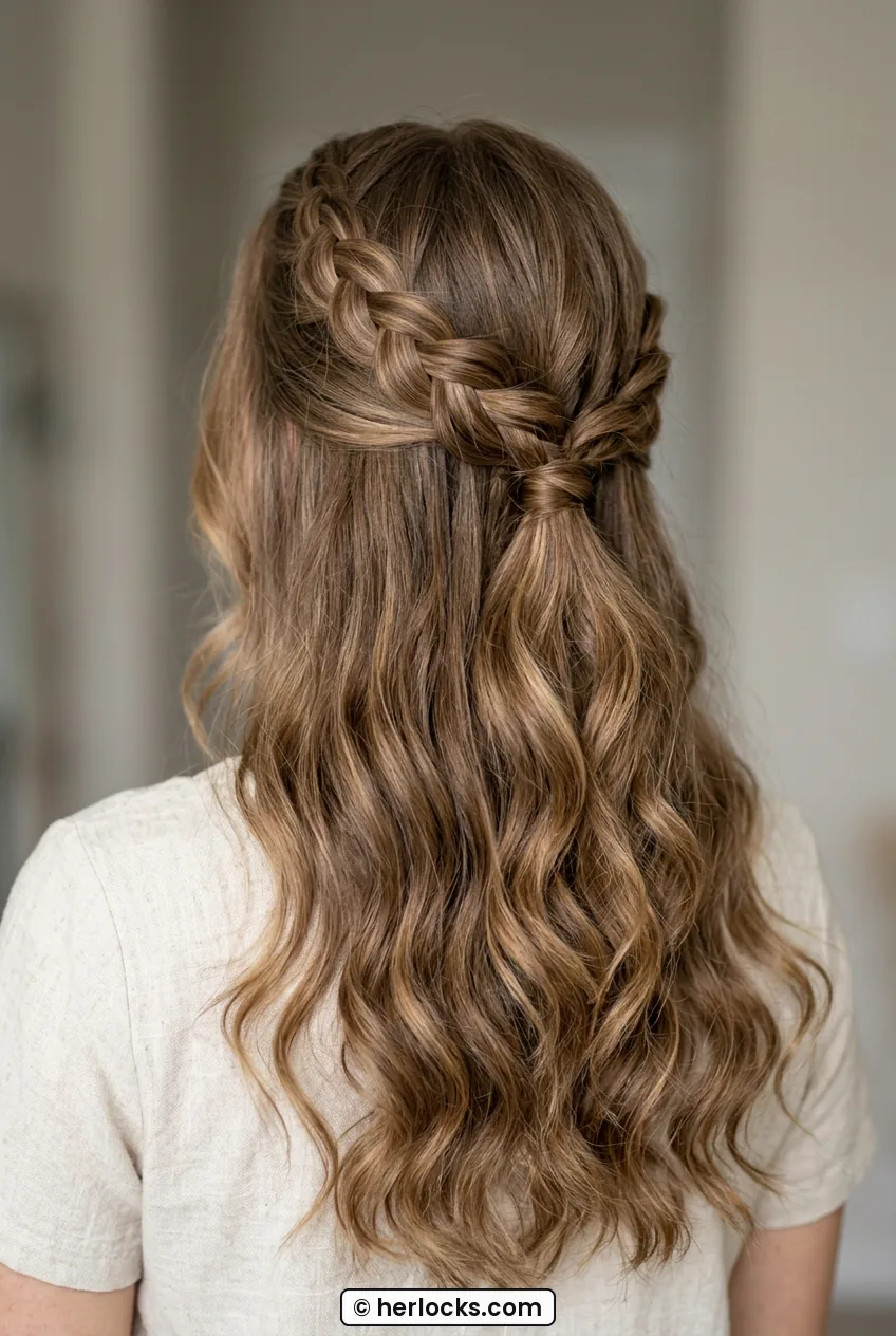 Woman with light brown hair in half up braid with loose waves
