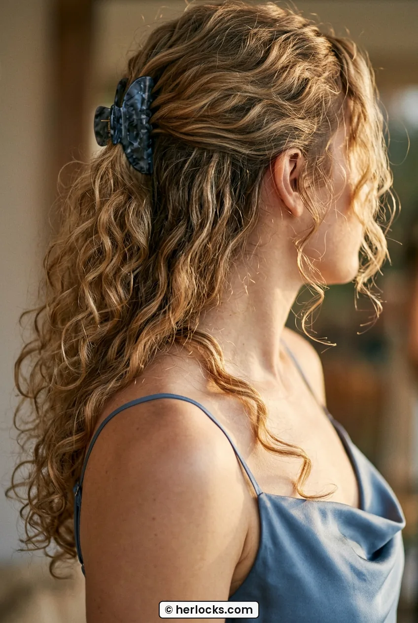 Woman with long honey blonde curls in half-up style flowing over shoulder