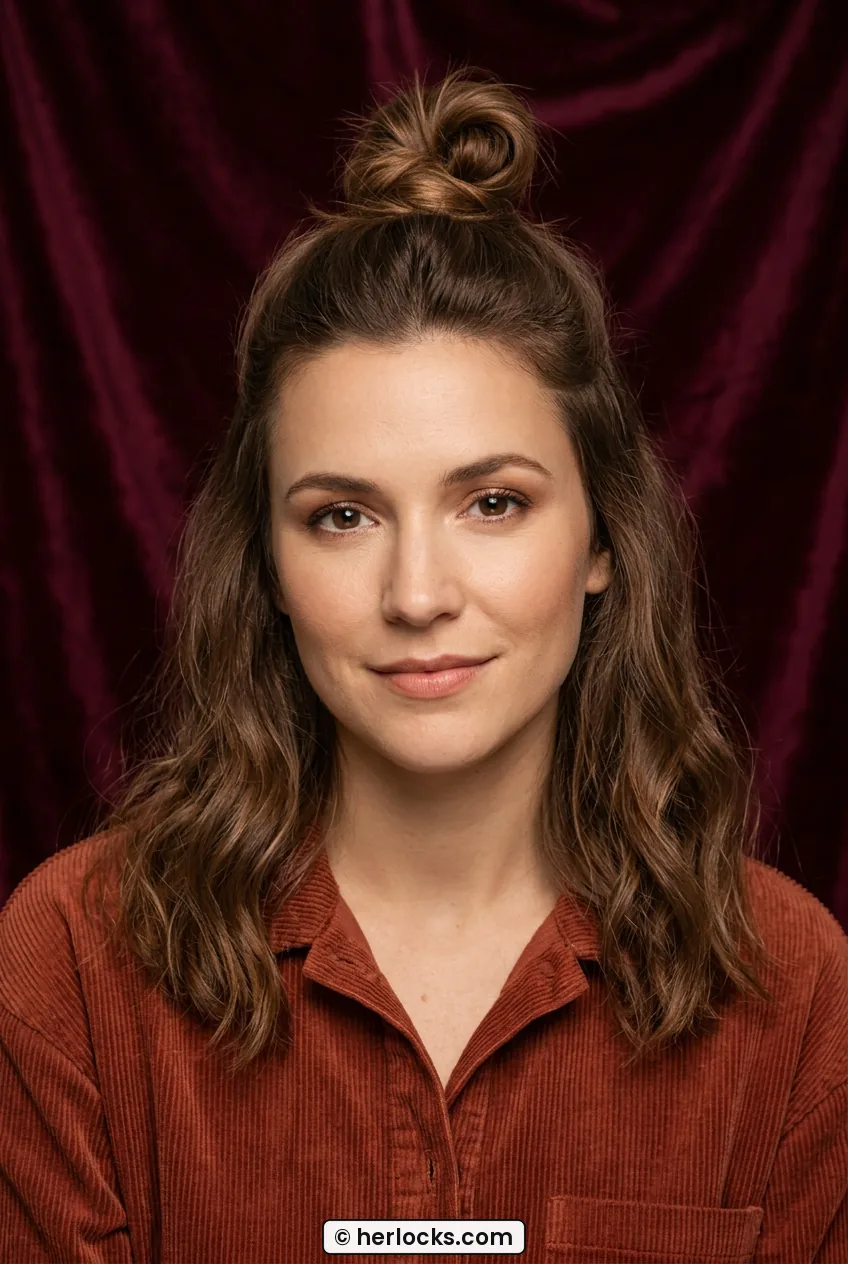 Woman with half-up topknot and loose chestnut waves underneath in soft lighting