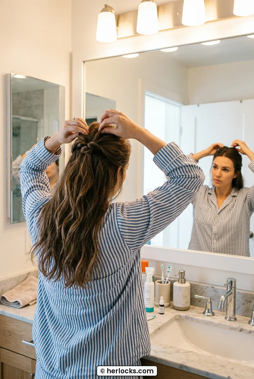 Woman creating half-up twist with long wavy hair reflected in bathroom mirror