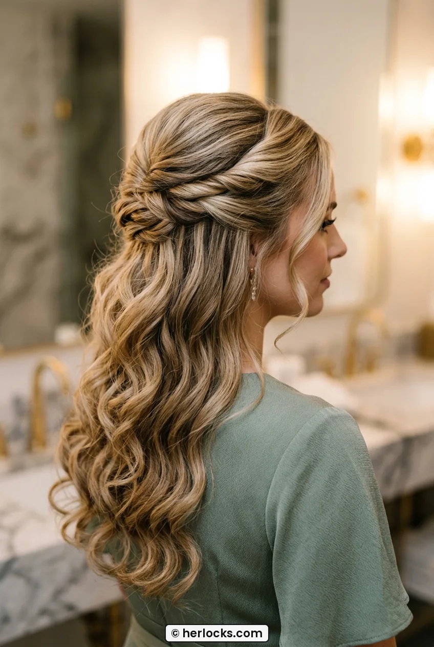 Woman with half up twisted sections and flowing soft curls in warm light