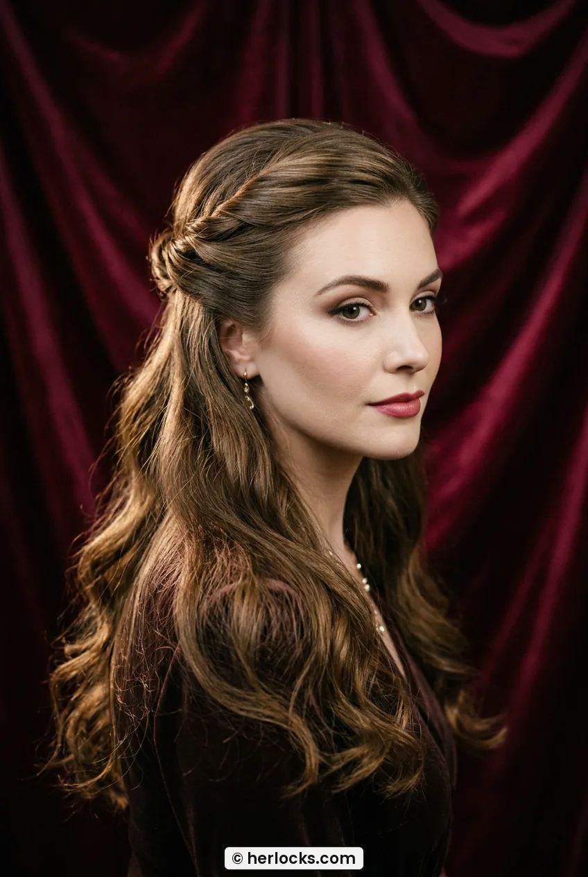 Woman with half-up twisted crown and soft wavy long hair in three-quarter view