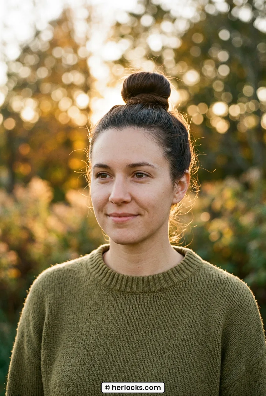 Woman with tight high top knot bun with medium hair pulled up outdoors