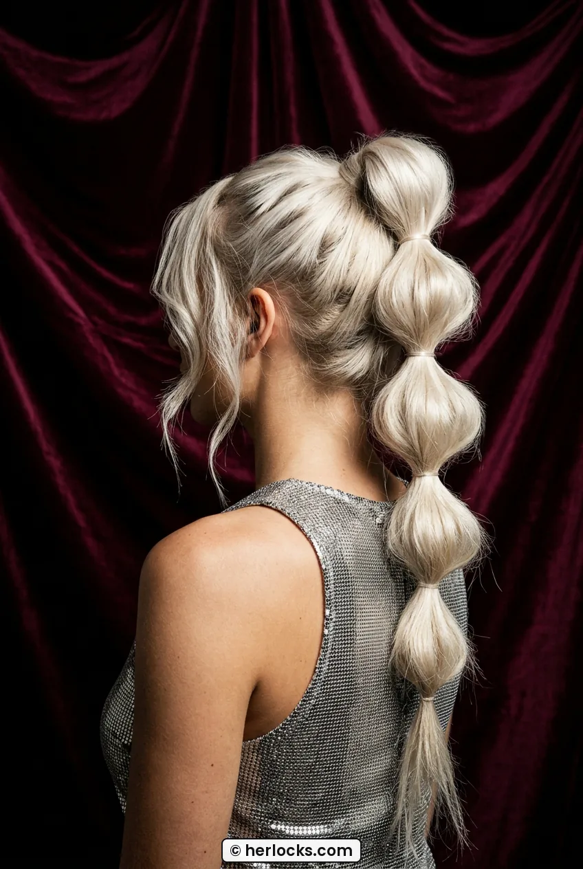 Woman seen over shoulder with high platinum bubble ponytail against dark velvet backdrop