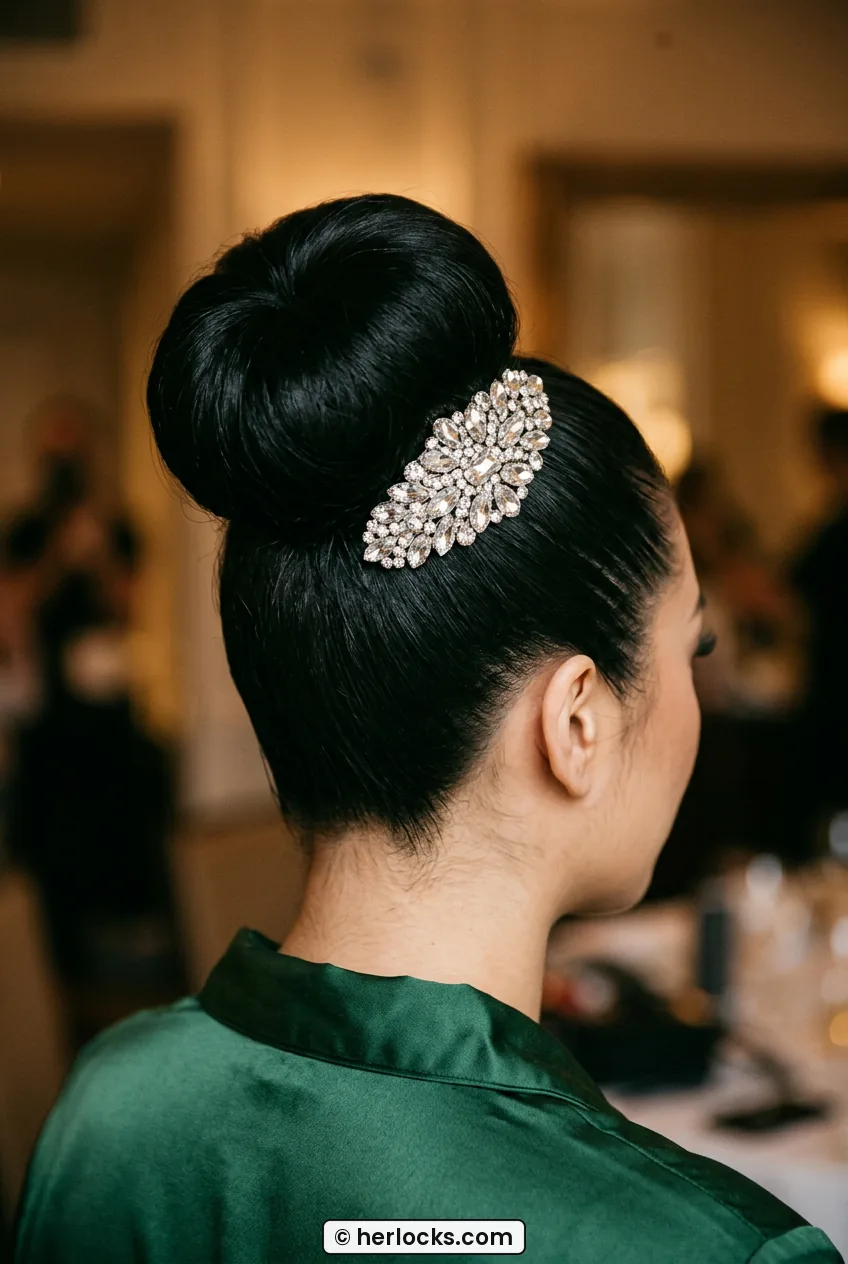 Woman with high ballerina bun styled with large crystal side clip