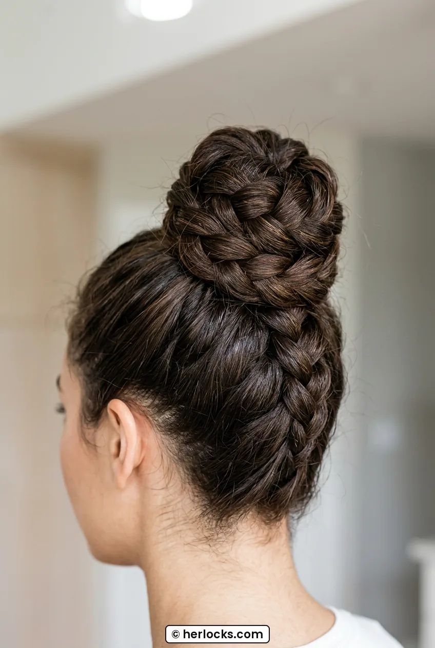 Woman with deep brown hair in high coiled braided bun at crown