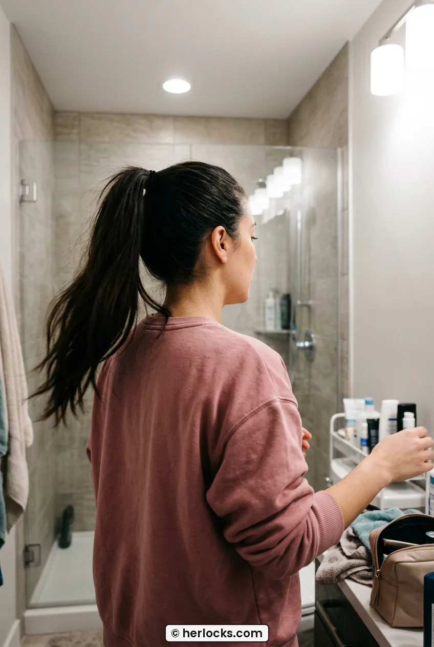 Woman with long high ponytail at crown showing full swinging length in bathroom