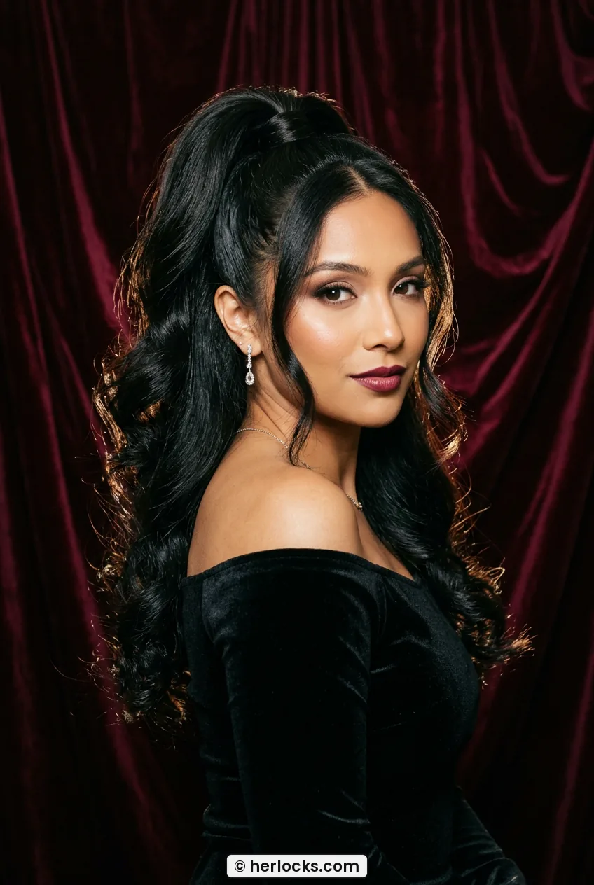 Woman with high bouncy ponytail and curled ends shown chest-up