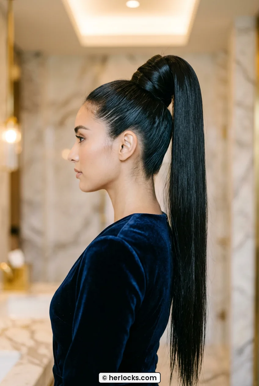 Woman with sky-high sleek ponytail showing extra long straight hair from side