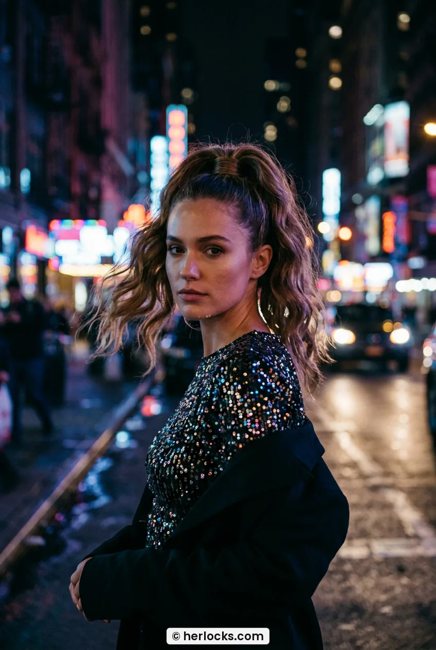 Woman with high wavy ponytail with wrapped base on city street