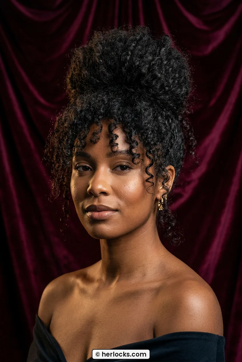 Woman with high soft curly bun and full natural volume styled up away from face