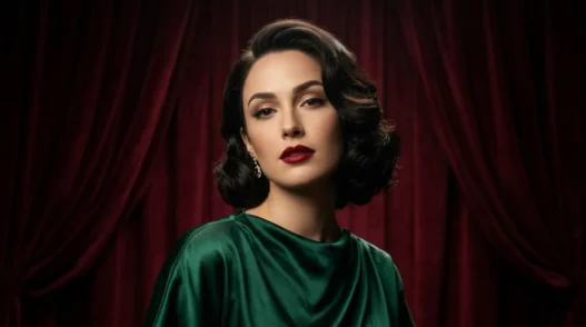 Woman with chin-length dark wavy bob in front of burgundy velvet backdrop under studio light