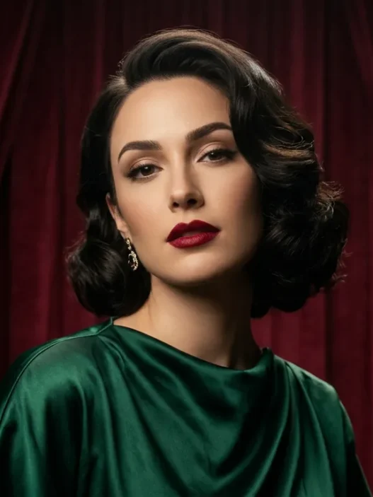 Woman with chin-length dark wavy bob in front of burgundy velvet backdrop under studio light