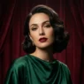 Woman with chin-length dark wavy bob in front of burgundy velvet backdrop under studio light