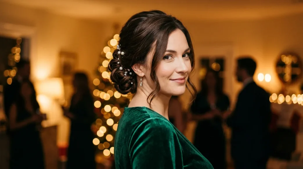 Woman with low holiday chignon and pearl pins glowing under warm party lights