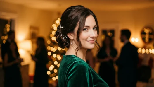 Woman with low holiday chignon and pearl pins glowing under warm party lights