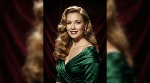 Woman with soft honey blonde Hollywood waves smiling against burgundy velvet backdrop in studio light