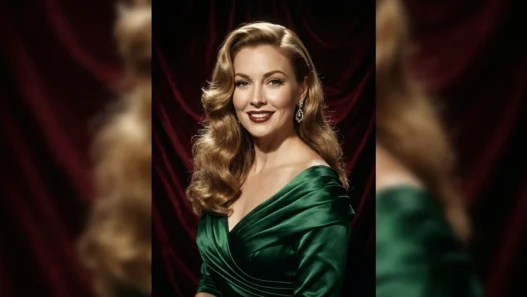 Woman with soft honey blonde Hollywood waves smiling against burgundy velvet backdrop in studio light