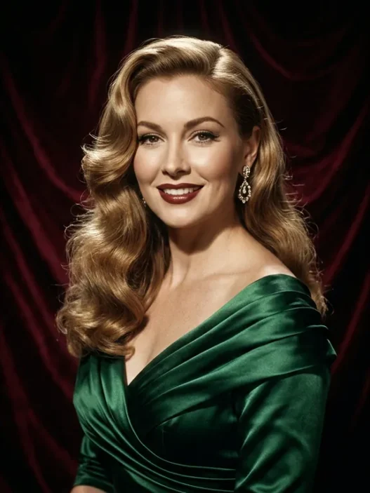 Woman with soft honey blonde Hollywood waves smiling against burgundy velvet backdrop in studio light