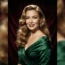 Woman with soft honey blonde Hollywood waves smiling against burgundy velvet backdrop in studio light