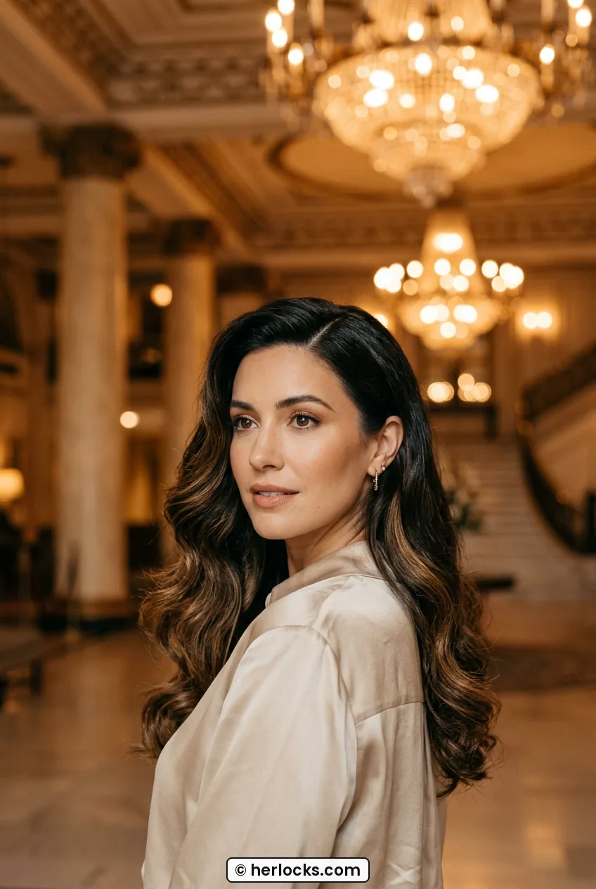 Woman with glossy Hollywood waves and deep side part in warm lobby light