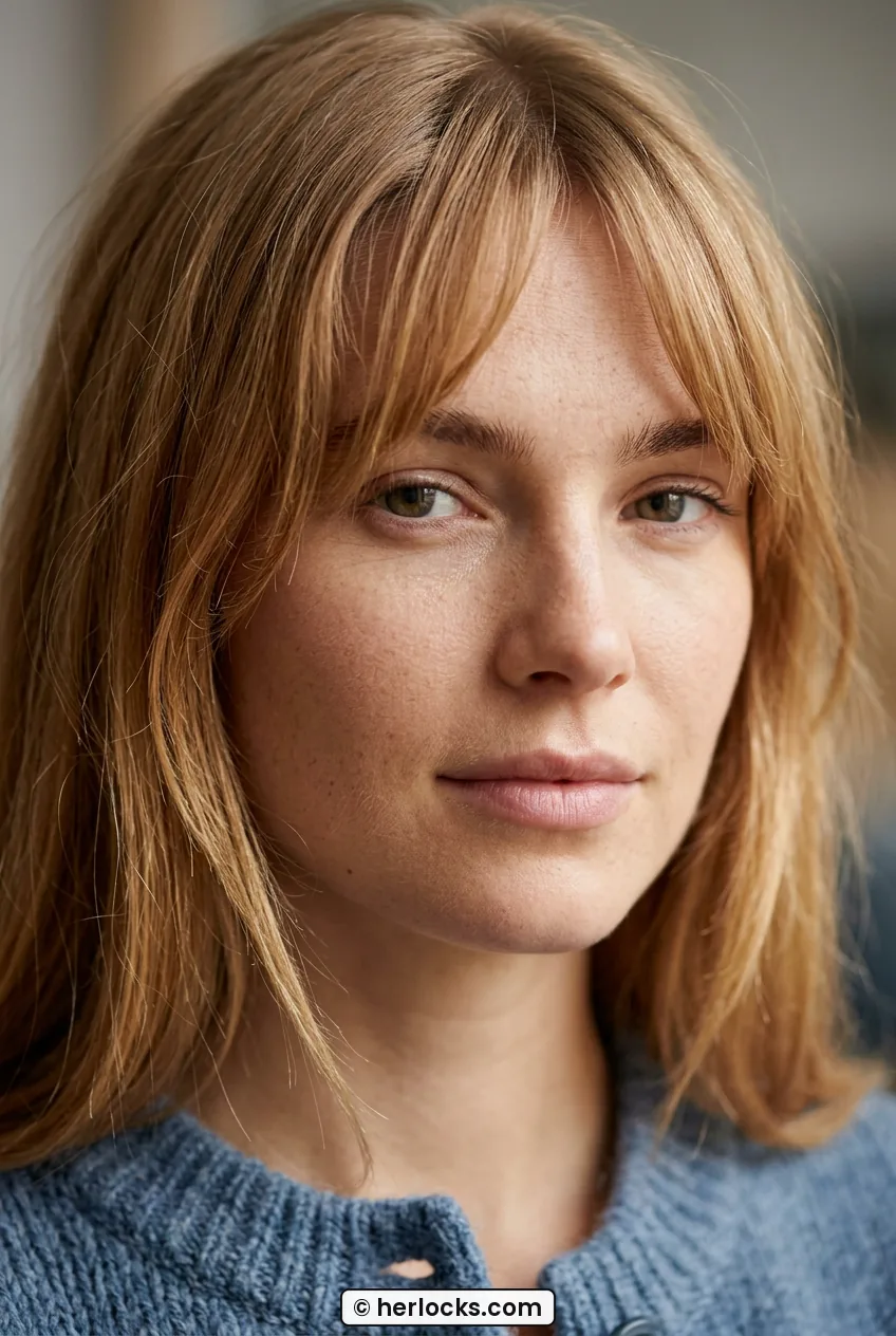 Woman with honey blonde hair and wispy curtain bangs opening over forehead