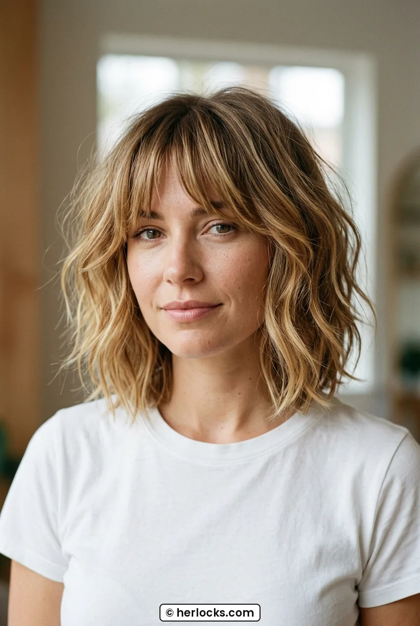 Woman with honey blonde shaggy bob with curtain bangs and loose tousled waves