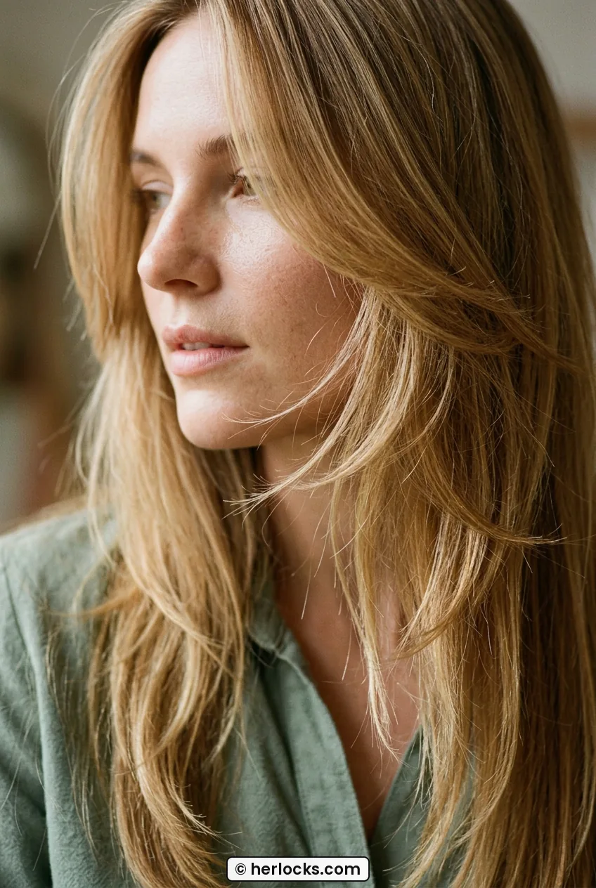 Three quarter close crop of woman with long honey blonde hair and feathered cheek tendrils