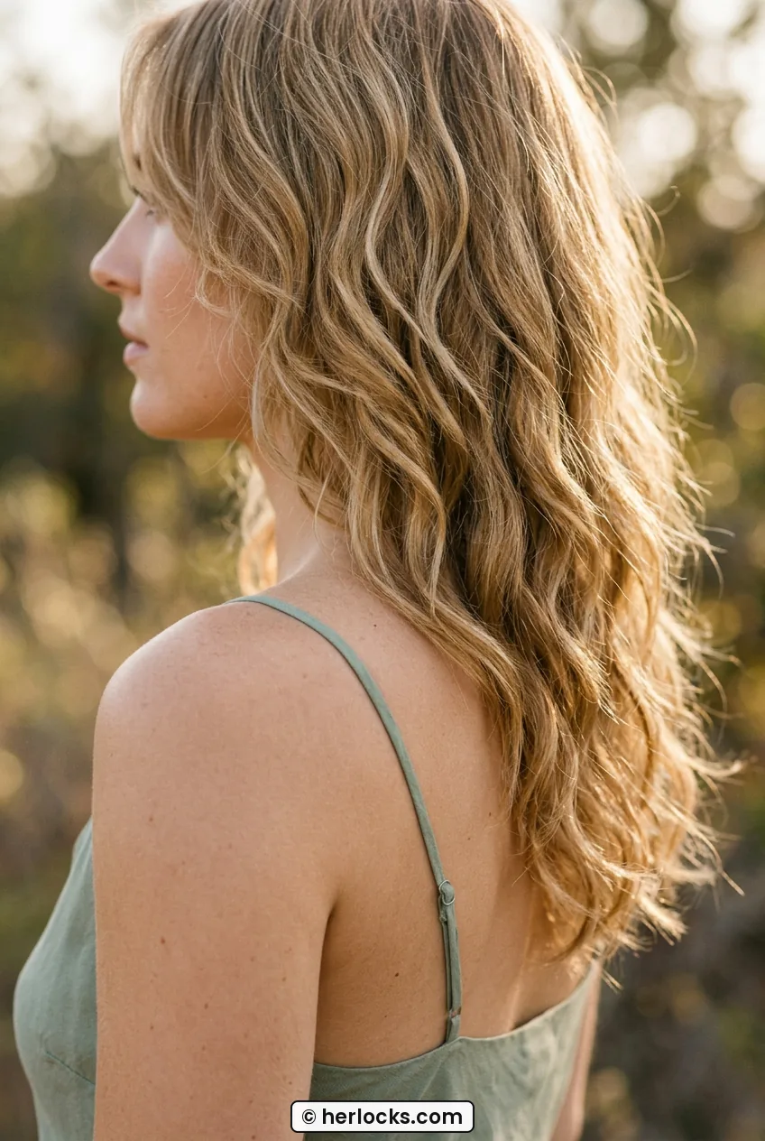 Side profile of woman with honey blonde long shag waves catching golden side light