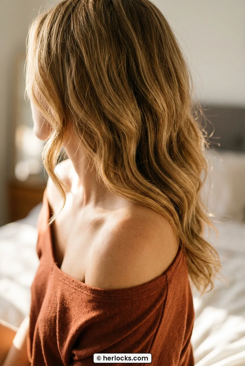 Woman with honey blonde medium layered waves falling over one shoulder