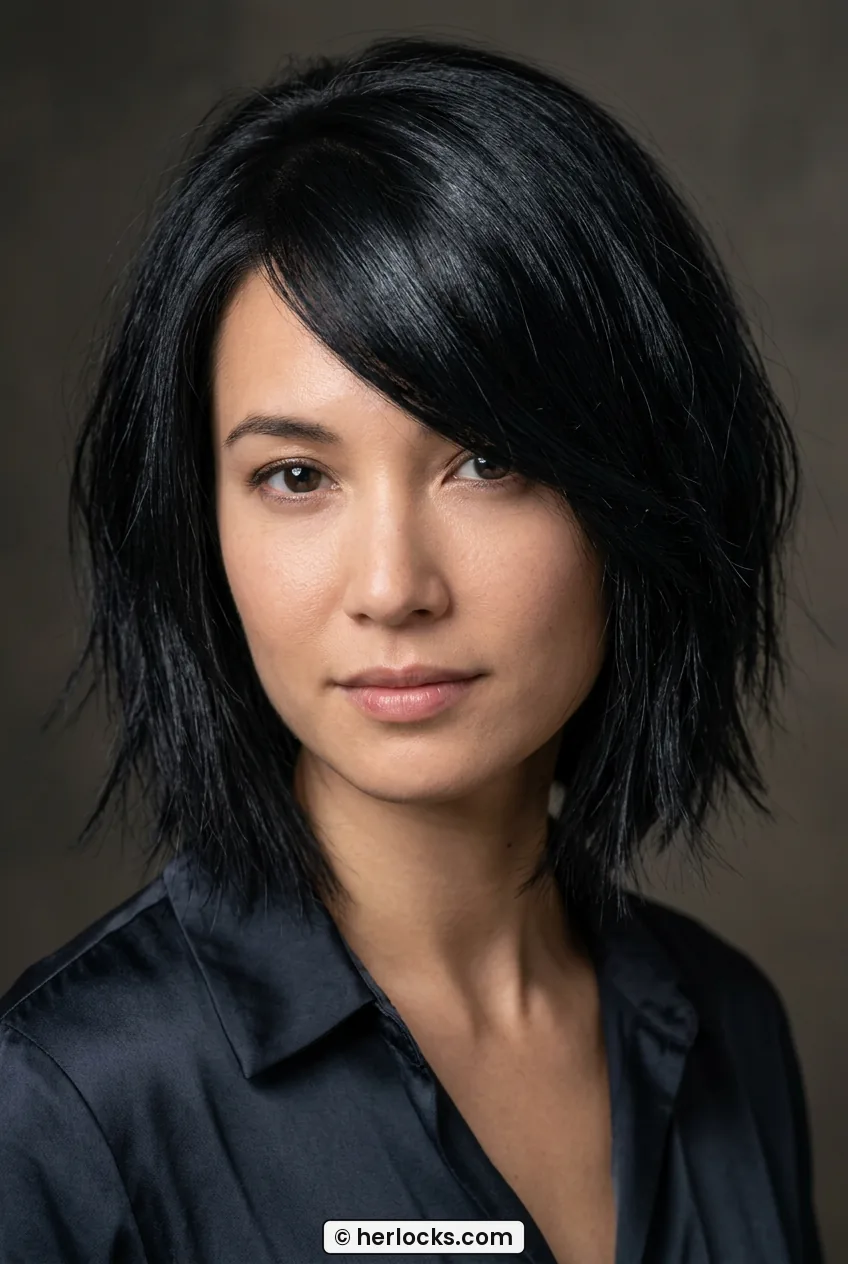 Woman with sleek inky black shaggy bob with shattered ends and deep side part