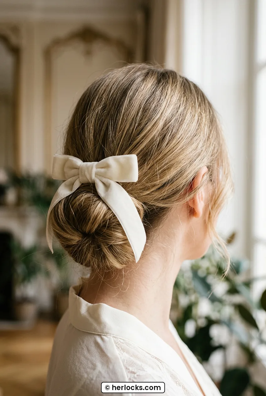 Woman with low chignon and ivory velvet bow pinned above bun at nape