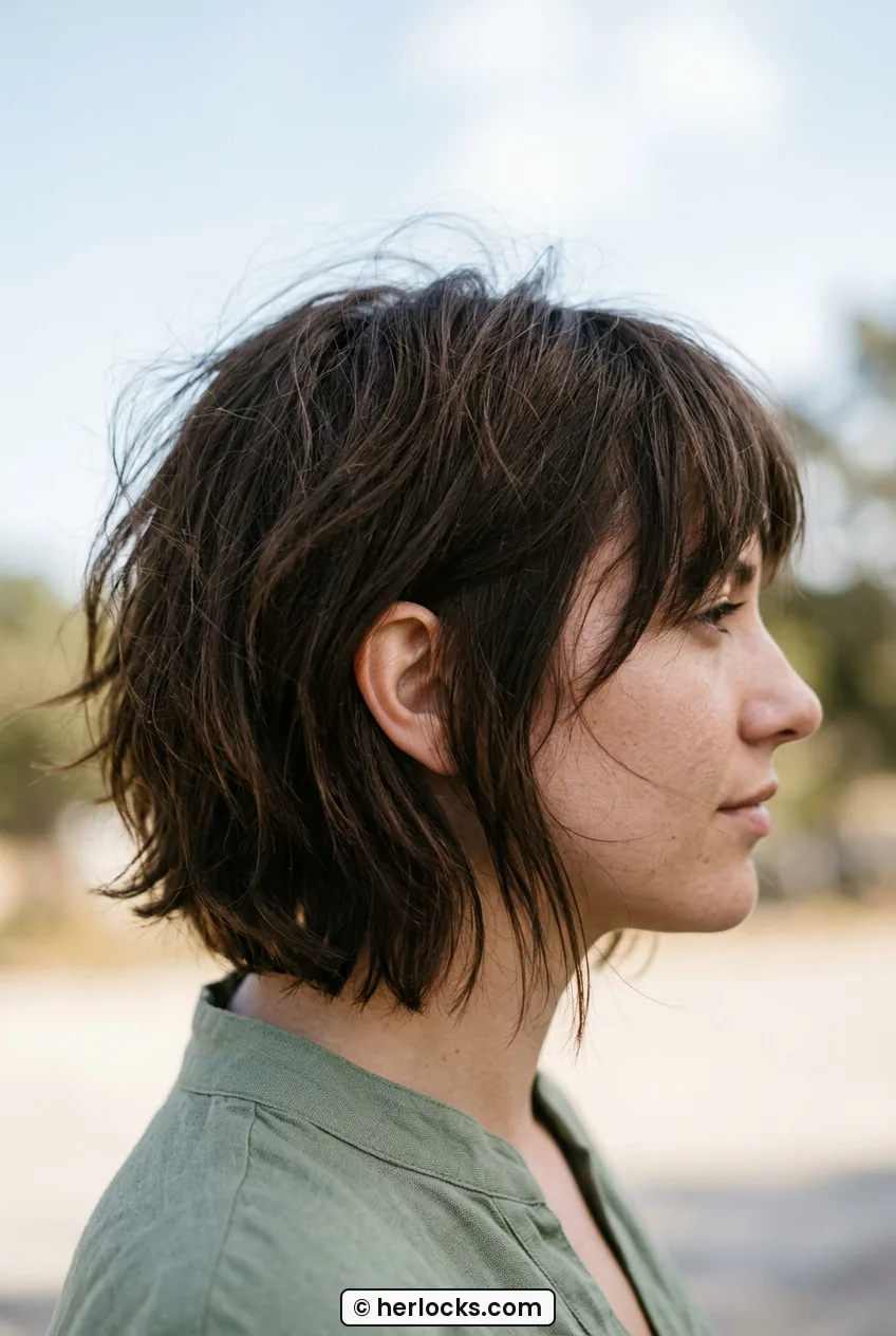 Side profile of woman wearing jaw-length tousled bob slightly longer in front in daylight