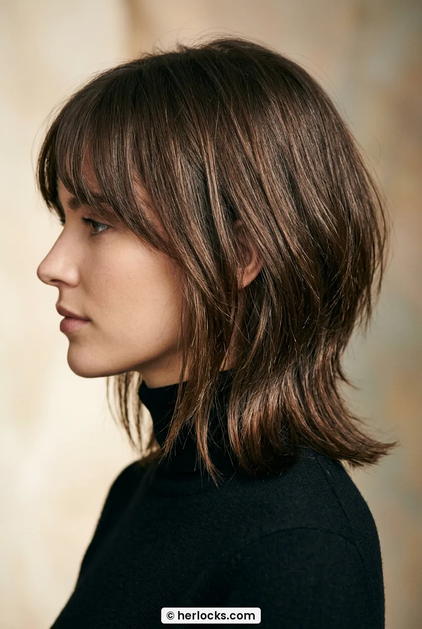 Side profile of woman showing jawline framing from layered bob with tucked bangs