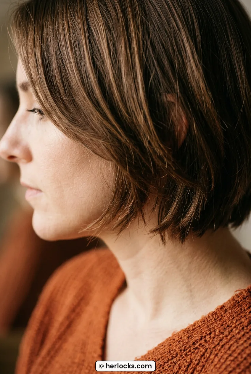 Side profile of woman showing jawline framing layers and chipped ends on short bob