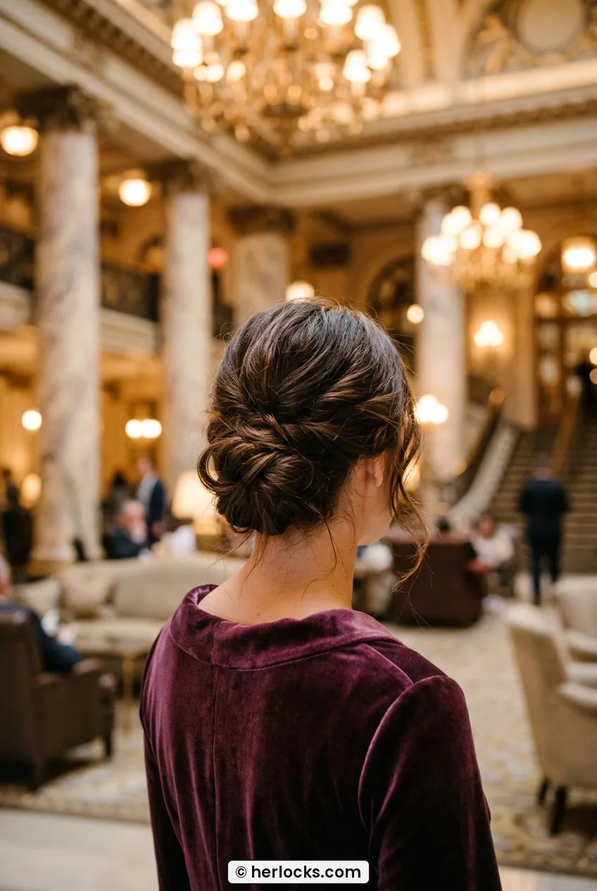 Back view of woman with cozy knotted low updo showing looped texture