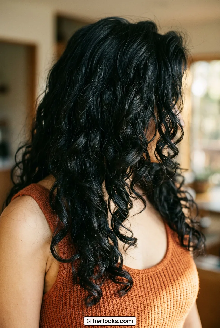 Woman with long black layered curls showing crown volume and flowing shape