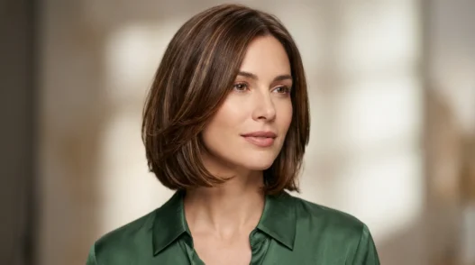 Woman with chin-length layered bob with soft under-bend and glossy dimension in studio light