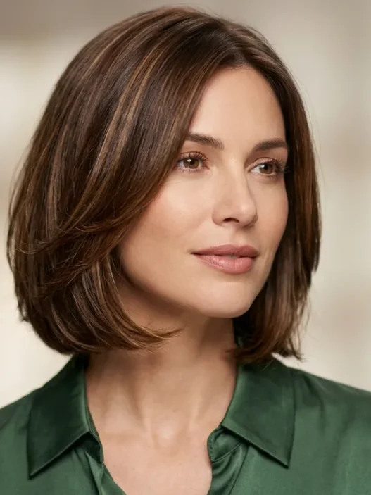 Woman with chin-length layered bob with soft under-bend and glossy dimension in studio light