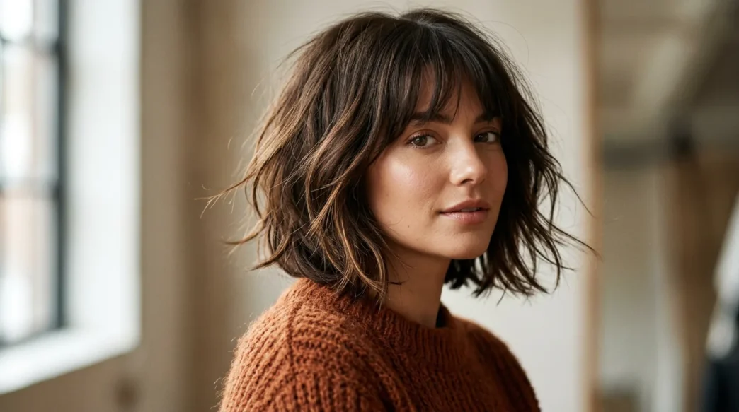 Woman with chin-length layered bob and wispy bangs in soft studio light wearing rust sweater