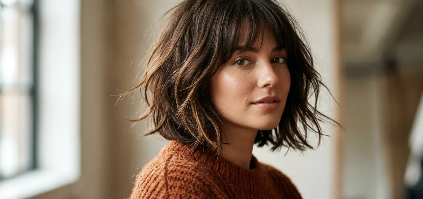 Woman with chin-length layered bob and wispy bangs in soft studio light wearing rust sweater