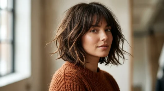 Woman with chin-length layered bob and wispy bangs in soft studio light wearing rust sweater