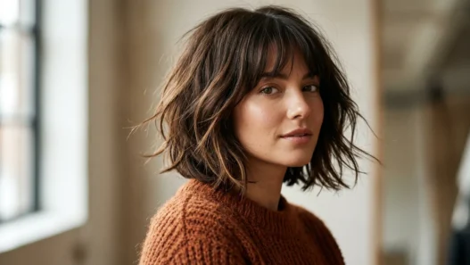 Woman with chin-length layered bob and wispy bangs in soft studio light wearing rust sweater