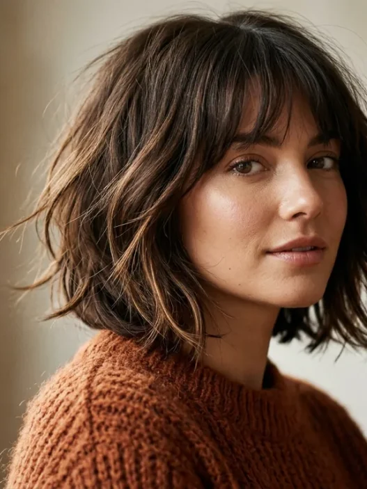 Woman with chin-length layered bob and wispy bangs in soft studio light wearing rust sweater