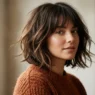 Woman with chin-length layered bob and wispy bangs in soft studio light wearing rust sweater
